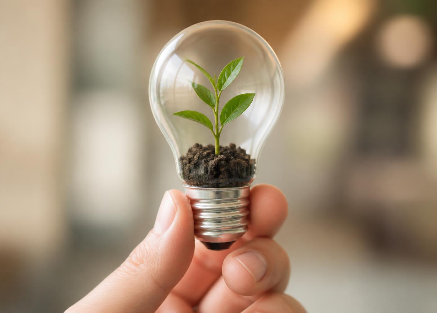 A seedling growing inside a lightbulb, representing business growth