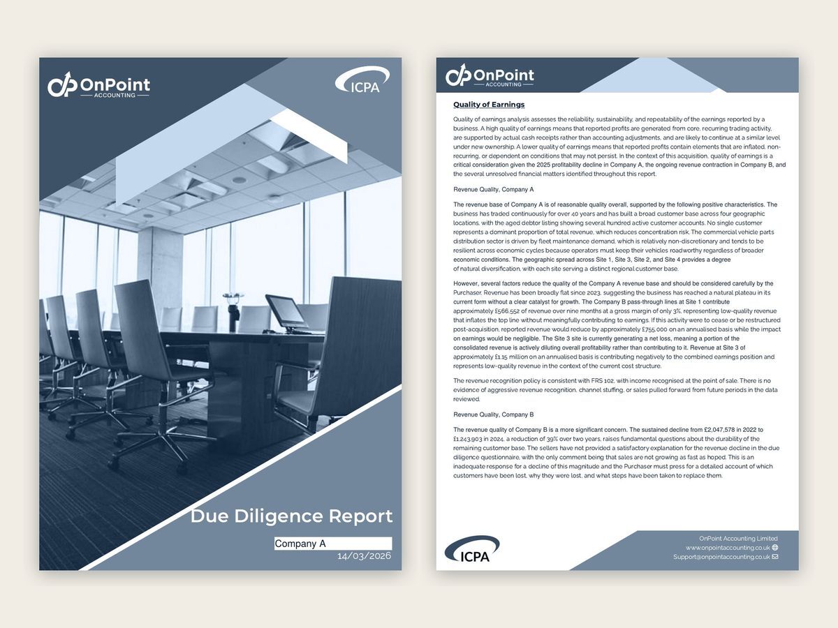 Cover and quality of earnings page from an OnPoint Accounting financial due diligence report